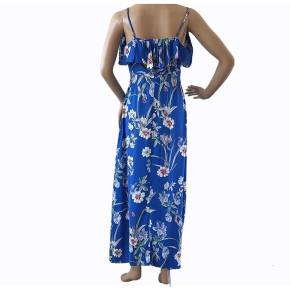Zara Blue Floral Spaghetti Strap Button Front Ruffle Detail Maxi Dress - s - Picture 2 of 12